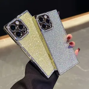 Square luxury bling rhinestone glitter phone case compatible with iPhone models, elegant design.