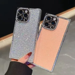 Luxury sparkling rhinestone phone case detail, electroplated square edge design glitter.