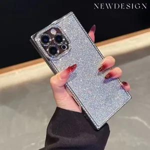 Detailed view of luxury rhinestone glitter phone case with electroplated square edges.
