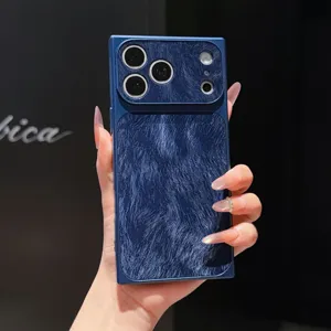 Coque de téléphone portable bleue carrée style coréen texture plume grande fenêtre caméra
