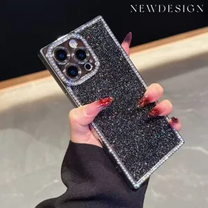 Bling rhinestone square edge iPhone phone case with sparkly glitter finish and electroplated frame.