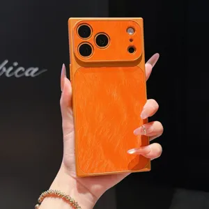 Coque de téléphone carrée unie de style coréen pour iPhone, design orange texturé luxueux.