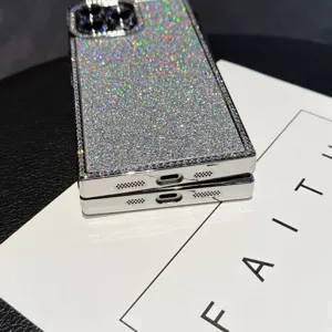 Bling rhinestone square edge phone case detail showing glittering crystal finish and cutouts.