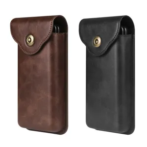 Universal leather waist pouch for folding phones with snap button closure in brown and black.