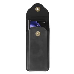 Black leather vertical phone holster pouch for foldable smartphones with magnetic snap closure.