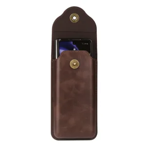 Brown leather phone holster for folding smartphone with dual metal snap button closure.