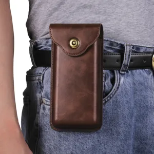 Brown leather phone holster for folding smartphone, belt waist bag with snap button closure.