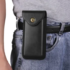Black leather phone holster waist bag for belt, premium flip cover case for outdoor use.