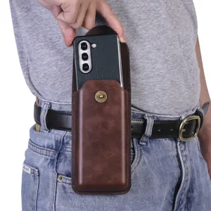 Brown leather vertical phone holster belt pouch universal smartphone carrying case bag.