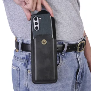 Leather phone holster waist bag for folding mobile phone with belt loop and snap closure.