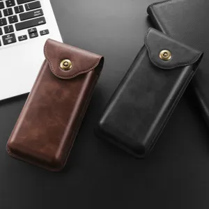PU leather phone holster for folding mobile, vintage brown and black waist bag with snap button.