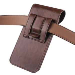 Brown leather folding phone waist bag belt holster outdoor casual mobile phone case cover.