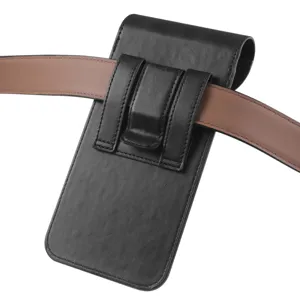 Black leather phone holster pouch for foldable mobile phones with belt clip design