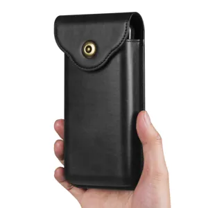 Black leather phone holster pouch with flap closure and snap button for mobile phone storage.