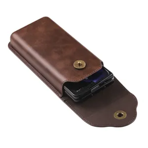 Brown leather folding phone holster detail view, vintage waist pouch with snap button closure.