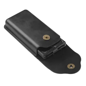 Black leather phone holster detail view, retro bronze snap button, premium flip case texture.