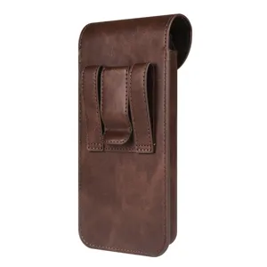 Brown PU leather vertical phone holster pouch detail view, belt clip loop and flap closure.