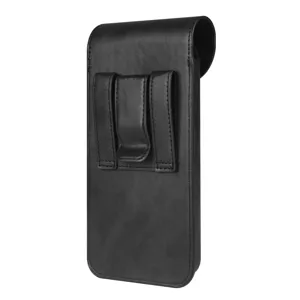 Detail view of black leather folding phone holster with secure belt clip and waist loop design.