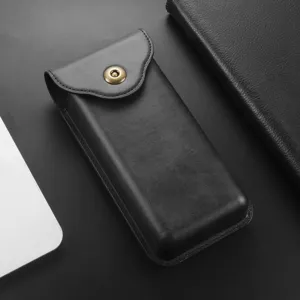 Black leather folding phone case with metal snap button, retro style waist bag holster.