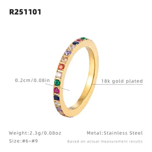 Stainless steel 18k gold plated rainbow cubic zirconia ring, elegant fashion jewelry for women.