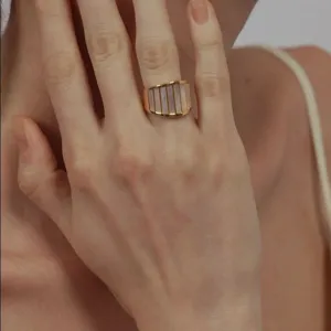 Bague Large en Acier Titane avec Nacre Rayée pour Femme Plaque Or 18K Design de Niche Luxe Léger Bague Géométrique Bijoux