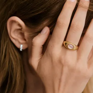 Bague Ovale en Acier Titane pour Femme Plaqué Or Chic Bague avec Pierre d'Oeil de Chat Artificielle Bijoux de Mode
