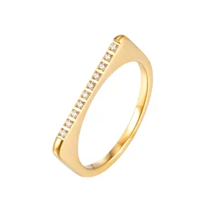 Bague Bande Empilable en Strass d'Acier Inoxydable Plaqué Or Minimaliste Anneaux de Doigt Géométriques Micro Pave pour Femmes