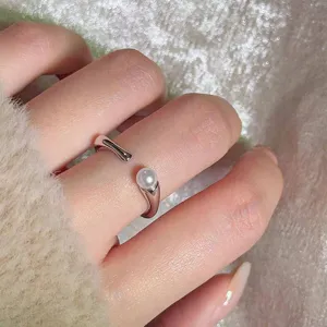 Bague Ouverte en Perle Artificielle Exquise avec Nœud de Bambou pour Femme Mode Minimaliste Réglable Acier Titane Or Argent Bijoux