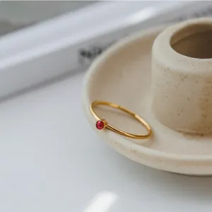 Anillo minimalista de acero de titanio con circón rojo para mujer, joyería diaria elegante y delicada.