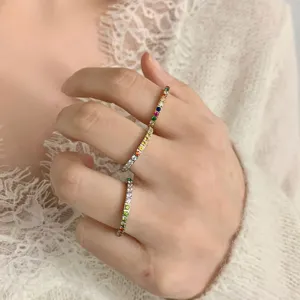 Fashion Titanium Steel Rainbow Rhinestone Band Ring For Women Electroplated Light Luxury Colorful Geometric Eternity Ring Daily Hand Jewelry Gift