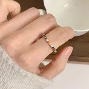 Sparkling rainbow cubic zirconia ring for women, dainty 18k gold plated titanium steel band.