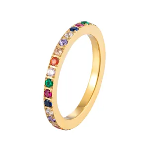 Rainbow Zircon Ring Gold Plated Stainless Steel Minimalist Sparkly Jewelry for Women