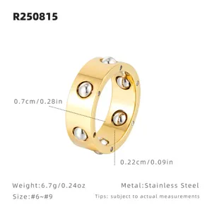 Bague de perles de décompression en acier inoxydable, large bague plaquée or 18k, style cool