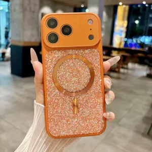 Luxury rhinestone MagSafe phone case with sparkling diamonds and camera protection design.
