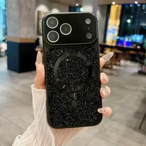 Closeup of luxury rhinestone magnetic phone case with large camera window and sparkly black finish.