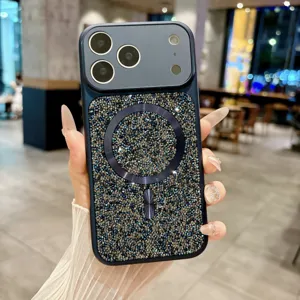 Luxury rhinestone magnetic phone case with big camera window for iPhone, sparkling diamond.