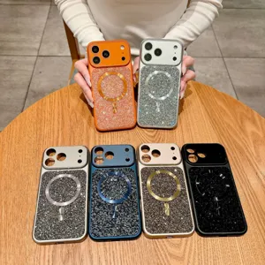 Luxury glitter rhinestone magnetic phone case detail view, sparkling diamond back cover showcase.