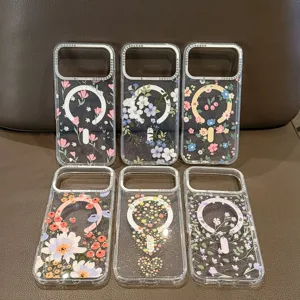 Cover trasparente MagSafe con fiori per iPhone 16 17 Pro Max, ricarica wireless compatibile.