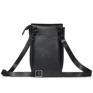 Black vertical shoulder leather bag for smartphone, durable material, adjustable strap design.