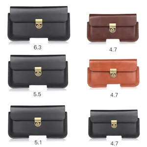 Horizontal leather mobile phone holster waist bag with metal lock for various sizes.