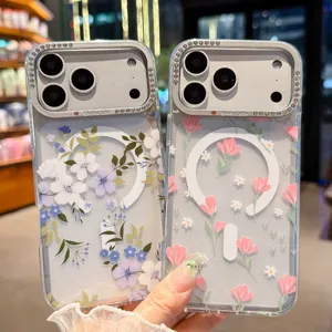 Custodia magnetica trasparente per smartphone compatibile iPhone, con fiori e strass eleganti.