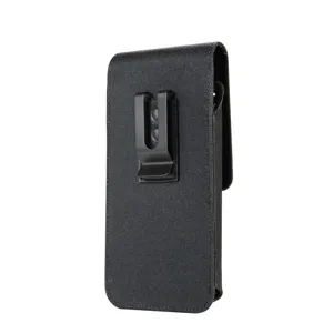 Detail view of the black universal nylon vertical cell phone holster featuring a sturdy belt clip.