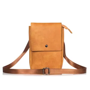 Vertical leather shoulder phone bag with adjustable strap and metal buckle, detail view.