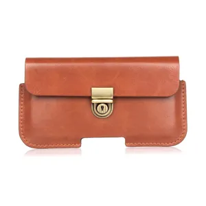 Premium brown leather mobile phone waist pouch, business style horizontal phone holster case.