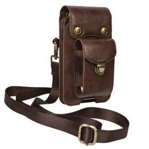 Universal Genuine Leather Vertical Dual Layer Waist Bag Men Business Phone Crossbody Pouch Double Compartment Flap Belt Pack Cover Anti Drop Travel Wallet Sports Hanging Cross Bag Bag