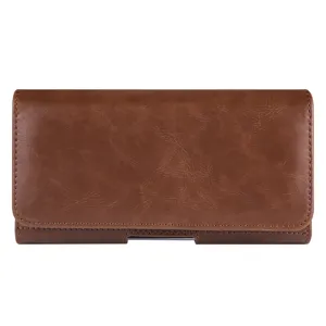 Gedetailleerd overzicht van bruine PU lederen riem telefoonholster, dubbellaagse tas voor heren.