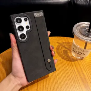 Fundas para teléfono de cuero negro con soporte de correa para Samsung, cubierta