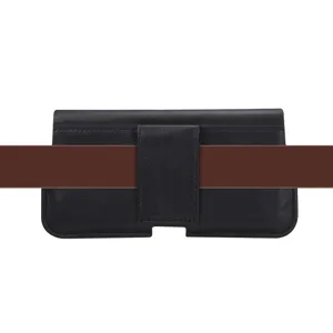 Leather phone holster detail view, black belt pouch for smartphone, genuine cowhide case detail.