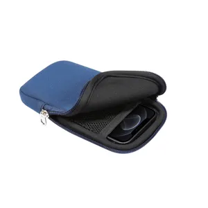 Custodia per cellulare elastica blu con cerniera e tasca a rete per smartphone universale.