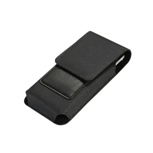 Detailed view of black vertical waist phone holster, universal protective clip pouch for devices.